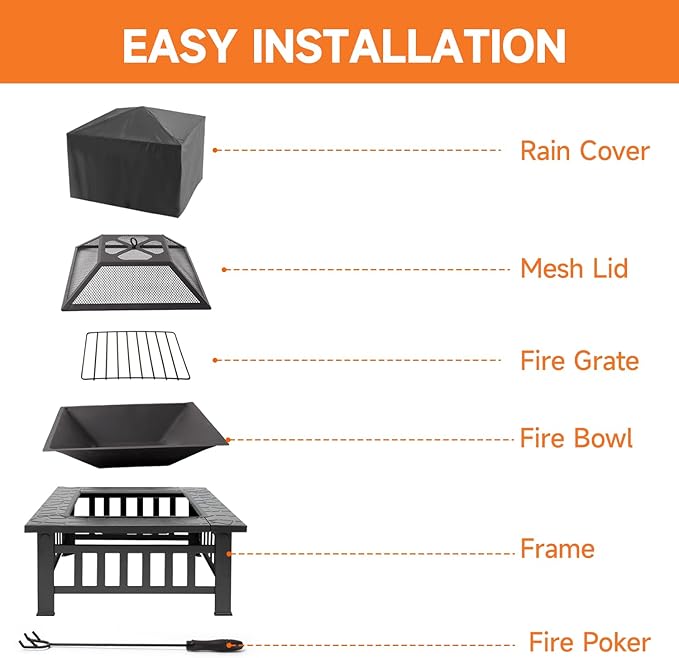 32 Fire Pit Table with Mesh Lid Wood Burning Fireplace/Firepit with Poker and Accessories