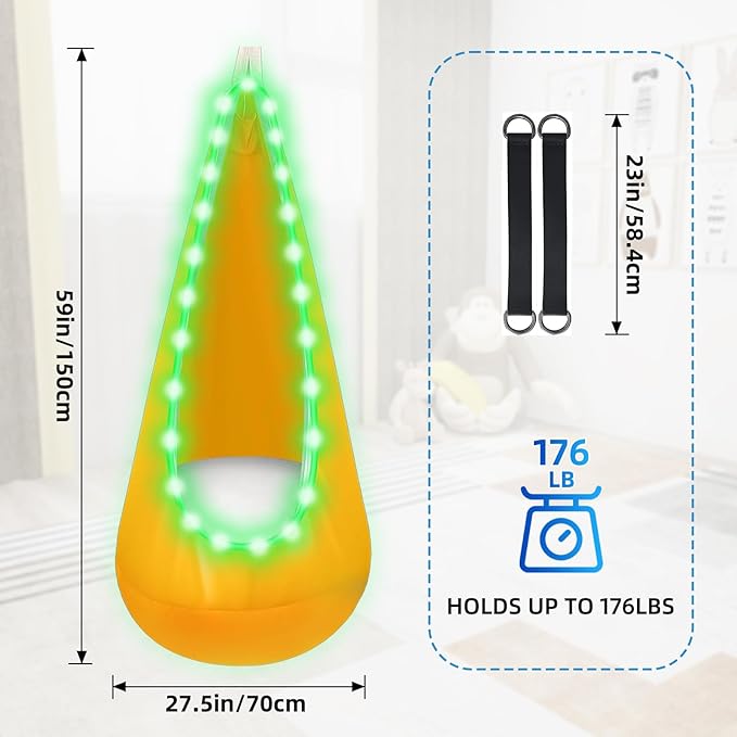 Light Up Kids Pod Swing Seat Upgraded Kids Hanging Hammock with LED Lights Swing Chair for Indoor &amp Outdoor (Orange)