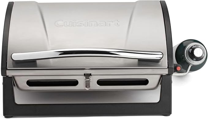 Cuisinart Grillster Portable Gas Grill Stainless Steel Compact BBQ Grill with Locking Lid for Easy Transport 8000 BTU Propane Grill with Dishwasher Safe Cooking Grate Small Grill for Camping &amp