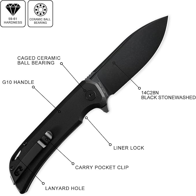 Petrified fish PFB05 Tunny Folding Knife3.86 14C28N Steel Satin Blade G10 Handle Folding knife for EDC Camping Outdoor (Black Black Stonewashed)