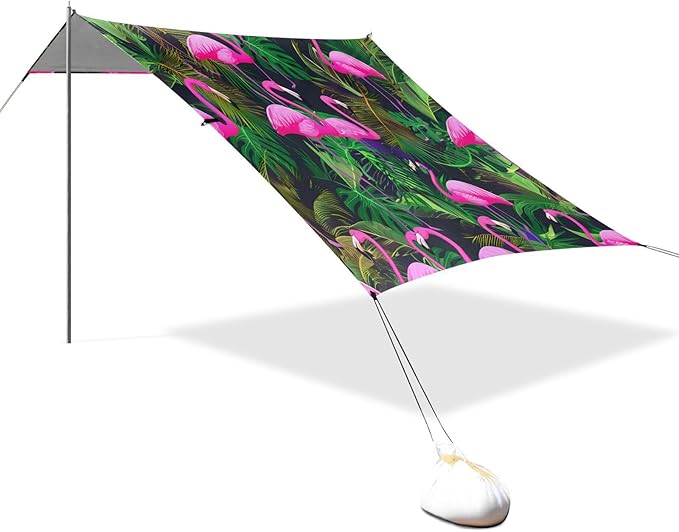 xigua Flamingos Beach Tent Sun Shelter with Carrying Bag - Silver Coated Oxford Fabric Beach Canopy for Beach Camping Fishing - Includes Windproof Ropes Sandbags &amp Stakes