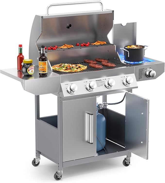 SKOK 4-Burner Propane Gas BBQ Grill with Side Burner &amp Porcelain-Enameled Grilling GratesStainless Steel Grill with 544 Sq. In. Grilling Area for Outdoor Cooking58000 BTU Output