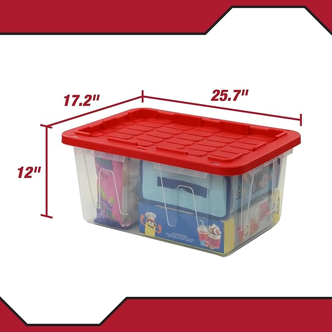 Heavy Duty 15 Gallon Storage Bin with Secure Snap Lid Clear Base and Red Lid for Home Organization Closet Garage