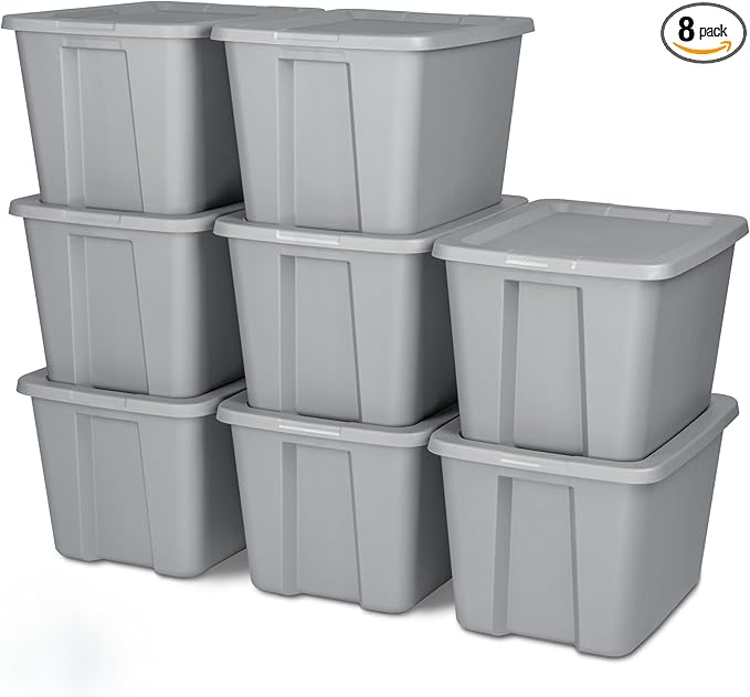 18-Gallon Plastic Storage Bins with Snap-on Lids – 8-Pack Home Organization Essential (Light Gray)