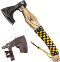 TheBoneEdge 17.5 Steel Blade Black &amp Yellow Leather Wrapped Handle Hunting Axe with Sheath