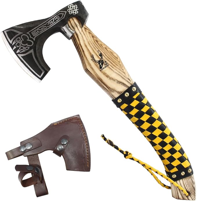TheBoneEdge 17.5 Steel Blade Black &amp Yellow Leather Wrapped Handle Hunting Axe with Sheath