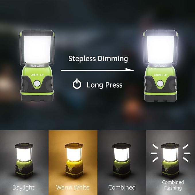 LE 1000LM Battery Powered LED Camping Lantern Waterproof Tent Light with 4 Light Modes Camping Essentials Portable Lantern Flashlight for Camping Emergency Light Power Outages Not Rechargeable