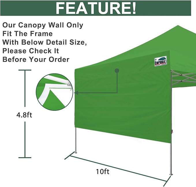 Eurmax USA 10x4.8 Pop Up Canopy SunWall-UV Protection for TentsBlocks Sunlight&ampWindWater Resistant Side Wall OnlyEasy Hook &amp Loop InstallationFit for 10FT Straight Leg Shelters&ampGazebo