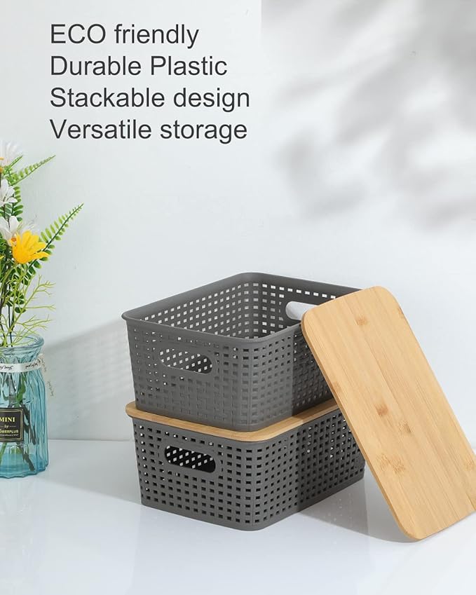 AREYZIN Storage Bins with Bamboo Lids Set of 6 Lidded Storage Container Plastic Baskets Organizer Bins for Organizing Kithen Room Bedroom Office Closet Sturdy(Grey)