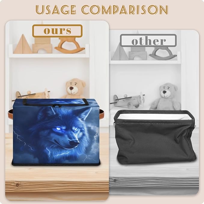 Blue Wolf Storage Box with Lid Wild Animal Collapsible Storage Bins Baskets Cubes Closet Shelf Clothes Organizer Containers with PU Leather Handles
