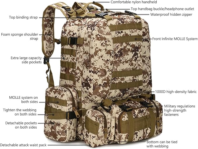Tactical Backpack Military Army Rucksack 60L Large Assault Pack Detachable Molle Bag (Black)