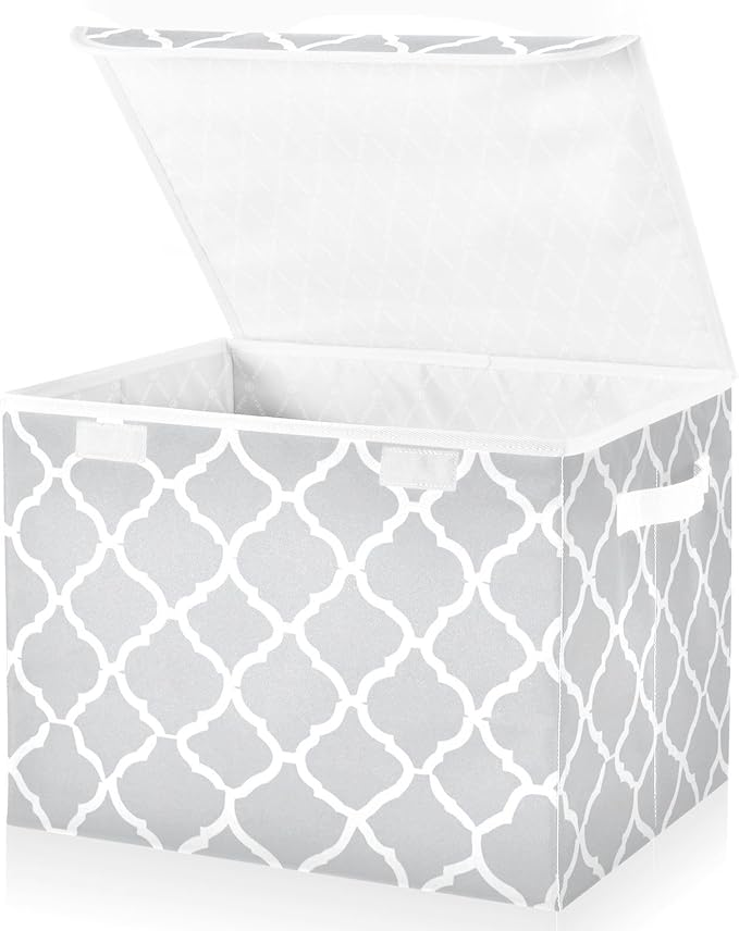 Storage Bins with Lids Storage Containers Box Organizer Bin Basket with Handles for Closet Shelves Clothes Stackable Foldable Decorative Silver Geometric Quatrefoil