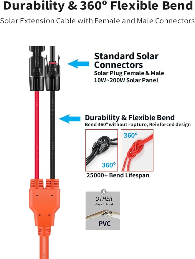 16.5FT Orange One-Piece Solar Panel Extension Cable 12AWG 4mm² Solar PV Wire with IP68 Female &amp Male Waterproof Connectors Durable Flame Retardant Sleeving for RV Home and Photovoltaic Systems