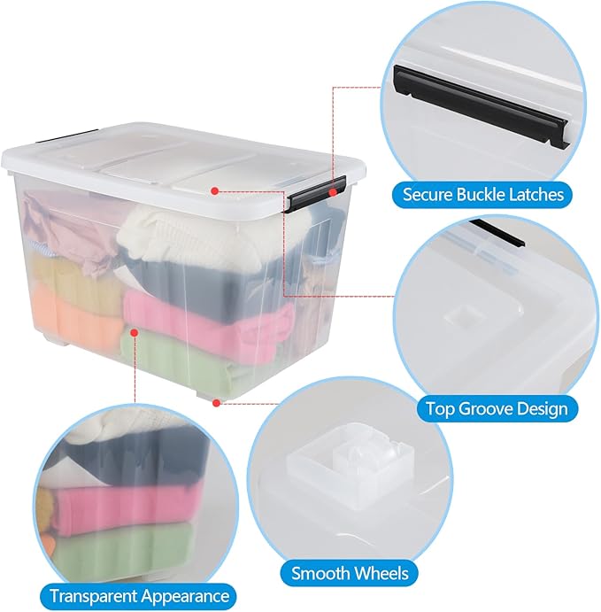 Wekioger 50 Quart Clear Latching Box with Wheels 4 Packs Plastic Lidded Storage Bin