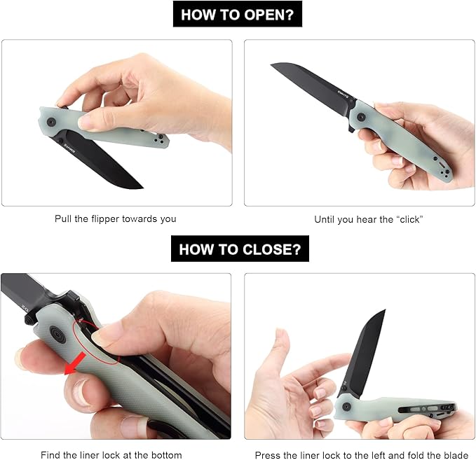 D2 Steel Folding Pocket Knife with Reversible Clip: 3.14 Black Sheepsfoot Blade Liner Lock G10 Handle Small EDC Flipper Knives Camping Tool for Man &amp Women Transparent Green