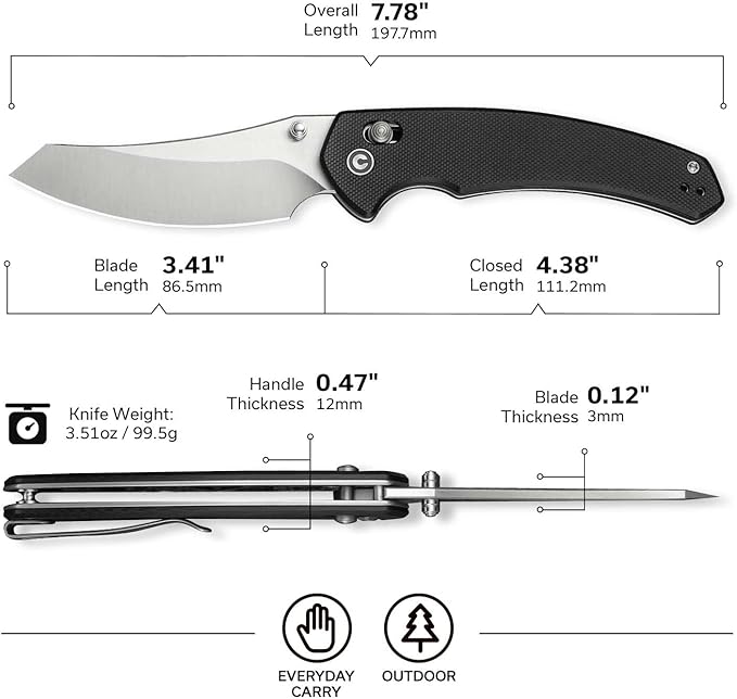 CIVIVI Sixgill Folding Pocket Knife for EDC 3.41'' Nitro-V Blade G10 Handle Deep Carry Reversible Clip Gift for Men Women C24050-1 (Black)