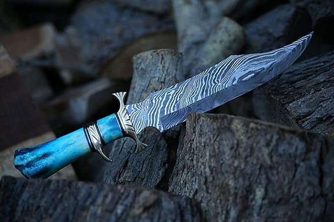 Hand Made Damascus Steel Collectible Bowie Knife Handle Camel Bone (Blue)