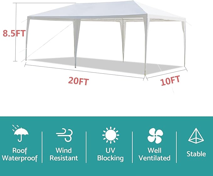 Outdoor Gazebo Canopy Wedding Party Tent Camping Shelter Commercial Instant Shelter Waterproof Tent with Removable Side Walls (10'x20' Without Sides)