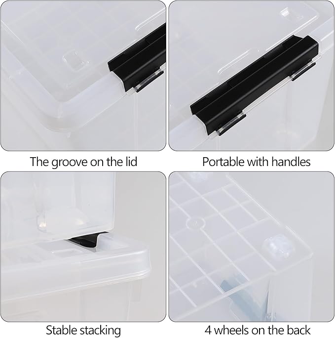 4-Pack 32 L Plastic Storage Box with Lid Stackable Latch Storage Bin with Wheels Clear