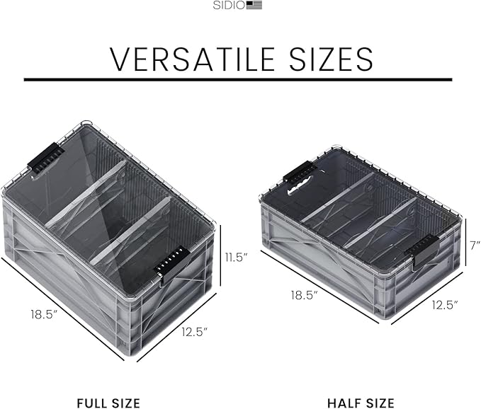 SIDIO CRATE Pro Pack - Two Full Size and One Half Size Heavy Duty Stackable Storage Bins Totes Containers with Lids and Dividers - Durable Organizer for Home Office Garage and Outdoor Use - Gray