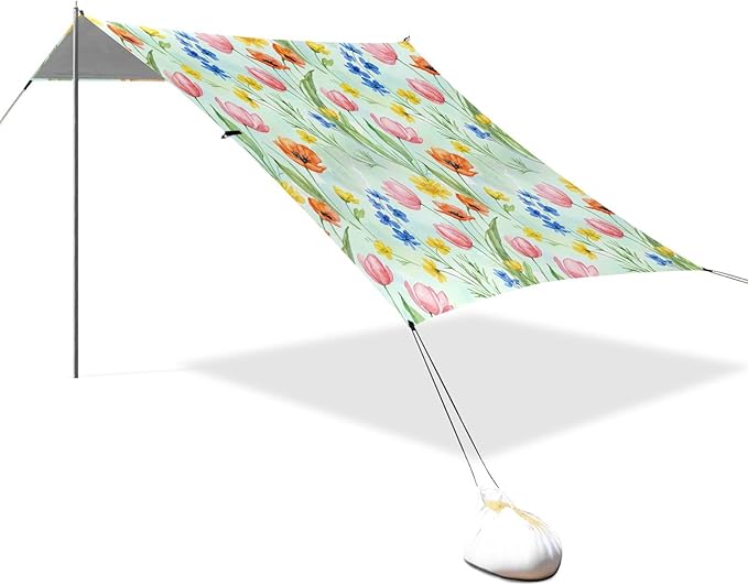 xigua Wildflowers Beach Tent Sun Shelter with Carrying Bag - Silver Coated Oxford Fabric Beach Canopy for Beach Camping Fishing - Includes Windproof Ropes Sandbags &amp Stakes