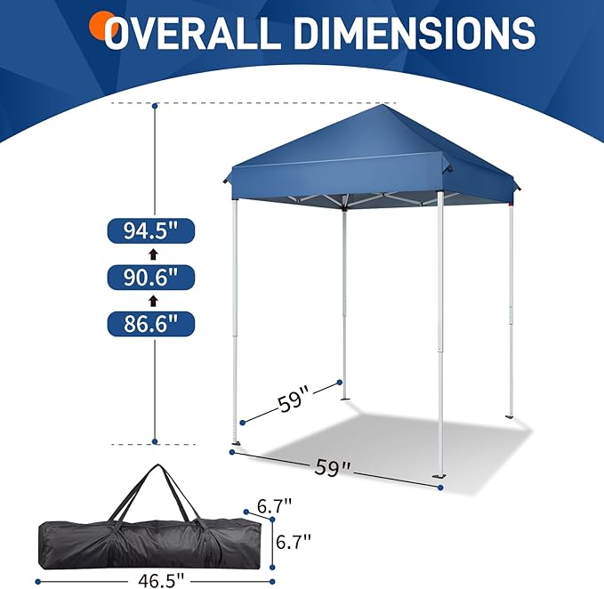 5'x5' Pop Up Canopy TentBeach Tent with One Push SetupInstant Setup GazeboPortable &amp Compact Sports ShelterOutdoor Sun Shade for EventsPartiesCampingOutdoor Events (Blue)