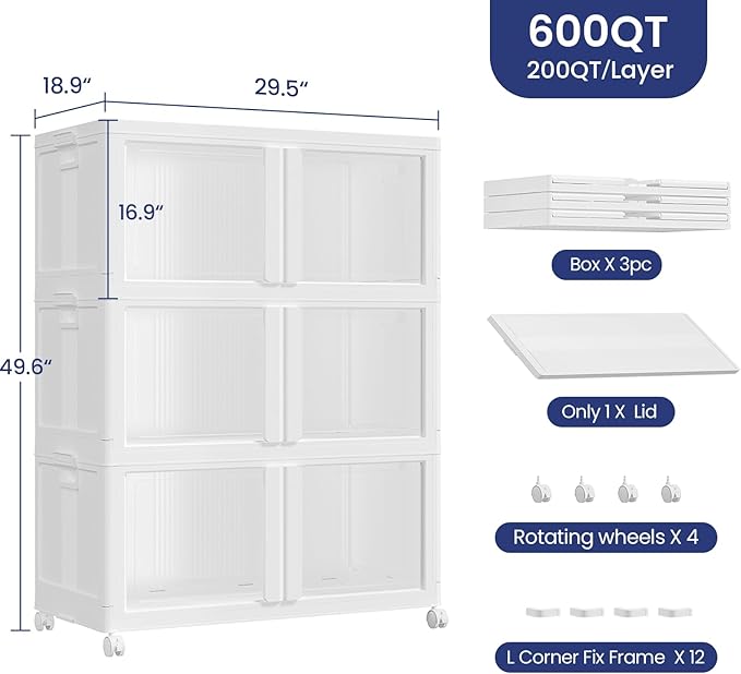150Gal/600QT 3-Tier Stackable Collapsible Storage Bins Extra Large Closet Organizers with Lid &amp Wheels &amp Doors Foldable Plastic Cabinet Container for Clothes Snack Craft Organizing White