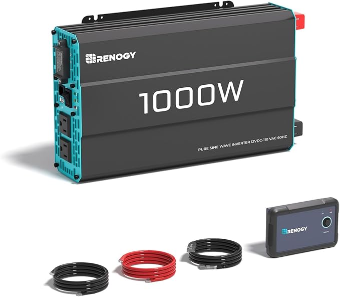 Renogy Inverter P2 1000 watt Pure Sine Wave Inverter Solar Car Power Inverter 12V to 120V AC Converter for RV Truck Camping Home Backup Outdoor Emergency Off-Grid Living 16.4FT Remote Control