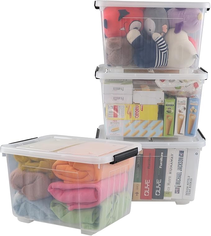 Wekioger Set of 4 Plastic Storage Box on Wheels 32 Quart Latch Storage Container Bin Clear