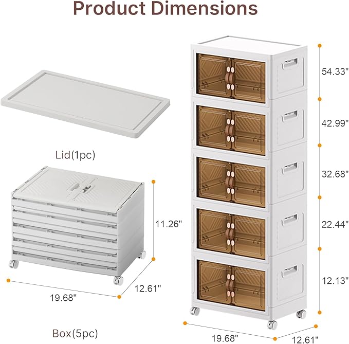 UAMFURI Stackable Storage Bins with Lids 240QT Closet Organizers Lockable Storage Cabinet Foldable Storage Box with Doors and Wheels Plastic Drawers for Home Garage Office (5 White Medium)