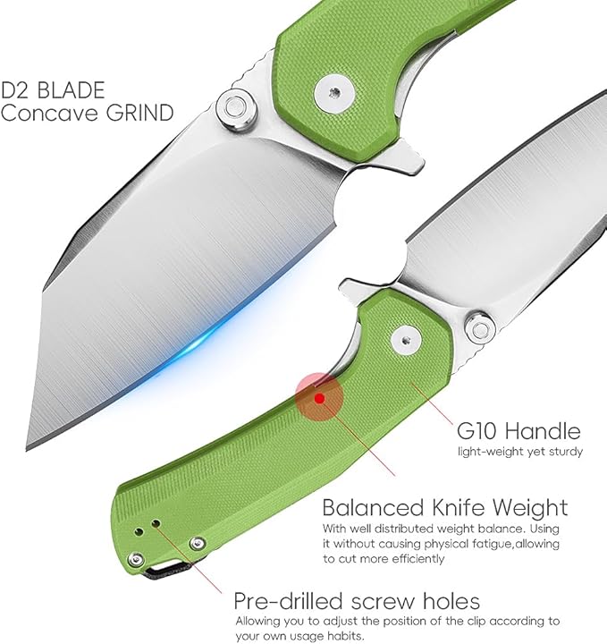 ioko Folding Pocket Knife 3.5-Inch D2 Steel Blade G10 Handle EDC Camping Survival Knife with Clip (Green)