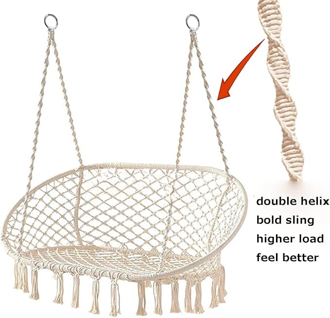 Hammock Chair 2 Seat with 2 Sets of Suspension Accessories Hanging Cotton Ropes Metal FrameSwing Hanging Chairfor Hammock Stand (b)