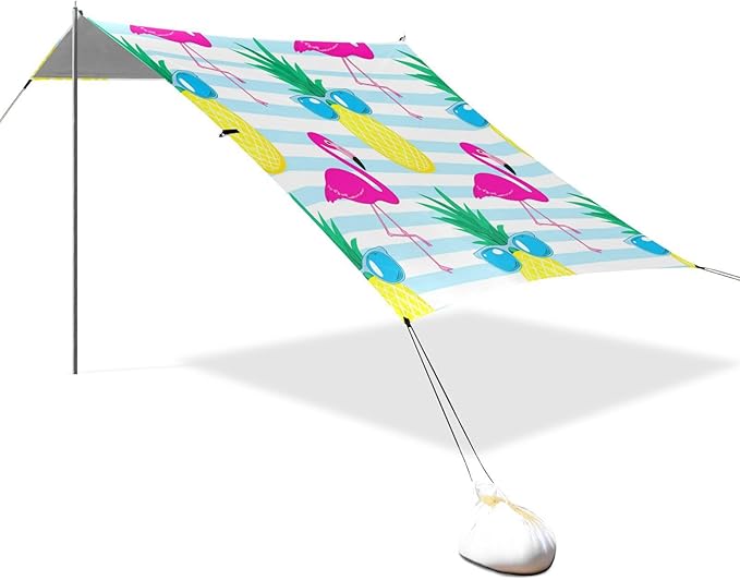 xigua Flamingos Beach Tent Sun Shelter with Carrying Bag - Silver Coated Oxford Fabric Beach Canopy for Beach Camping Fishing - Includes Windproof Ropes Sandbags &amp Stakes