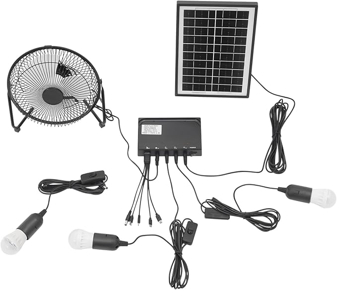 Solar Generator with Fan &amp Light Portable Solar Panel Kit for Outdoor Camping Emergency Greenhouse Shed Includes 3 Bulbs &amp 4000mAh Battery