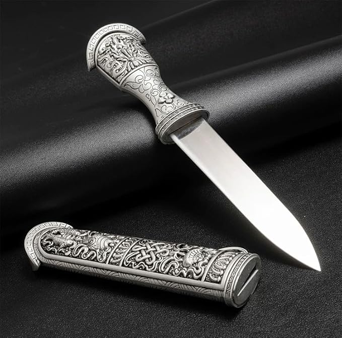 Fixed Blade Knife Chinese Tibetan Knife with Ornate Handle Celtic Knot Design Steel Blade with Sheath