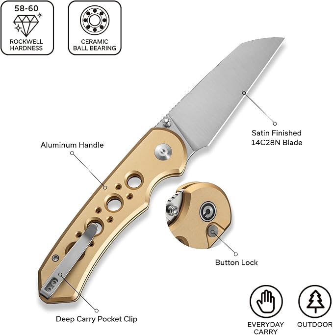 CIVIVI Pragma Prime Pocket Knife for EDC 3.49 14C28N Blade Aluminum Handle with Reversible Clip Camping Hiking Folding Knife for Men Women C24067-3 Champagne