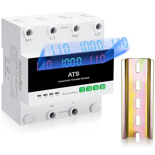 100Amp AC 110V Automatic Transfer Switch with LED Display 2P Dual Power Outdoor Electrical Changeover Switch L1 Priority Mini ATS Din Rail Mount 50/60Hz CE Certified