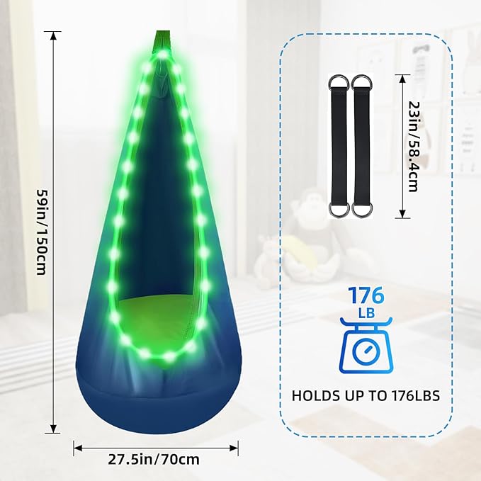 Light Up Swing Chair Hammock Chair Indoor Outdoor for Kids Pod with LED Lights Soft and Safe 176 lb. Load Capacity Easy Installation Perfect for Bedroom Garden and Playroom (Blue)