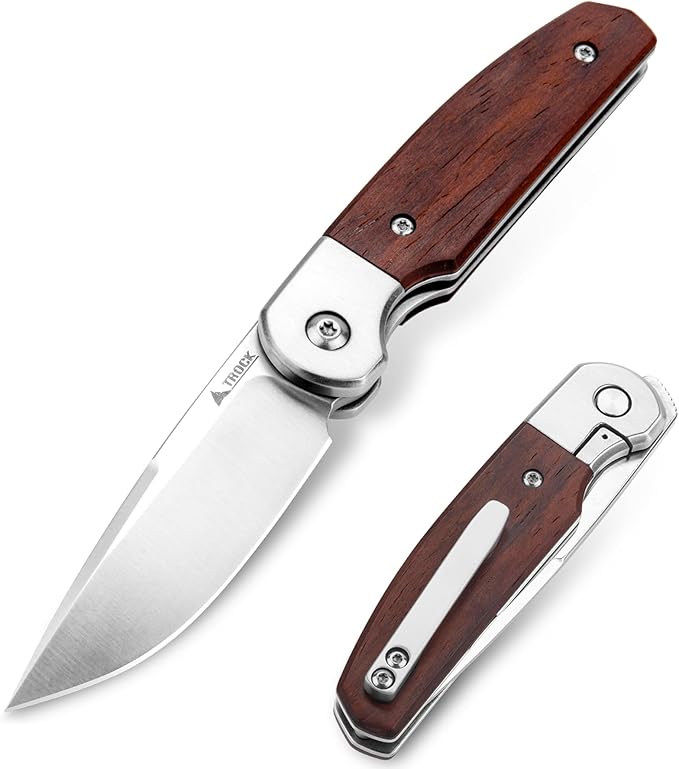 Small EDC Knife 2.8 Pocket Knife D2 Steel Point Blade Wood Handle - flipper Folding Knife for Men Women - Daily Carry Office Camping Hiking