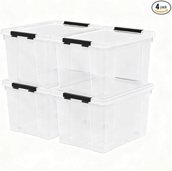 4-Pack 32 L Plastic Storage Box with Lid Stackable Latch Storage Bin with Wheels Clear