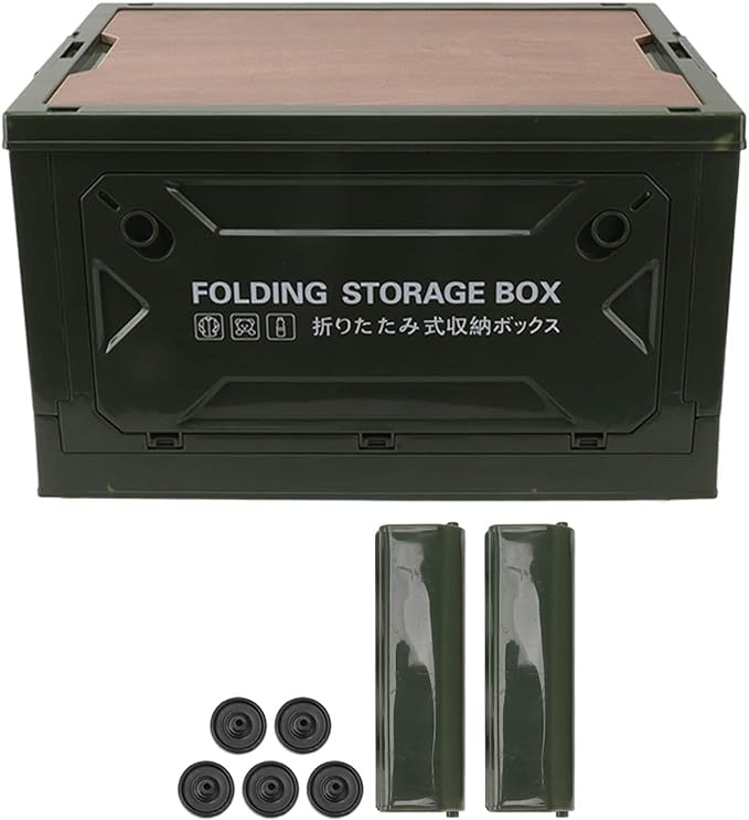 Folding Camping Storage Box with Wooden Lid Storage Bin Container with Wheels for Car Camping Picnic
