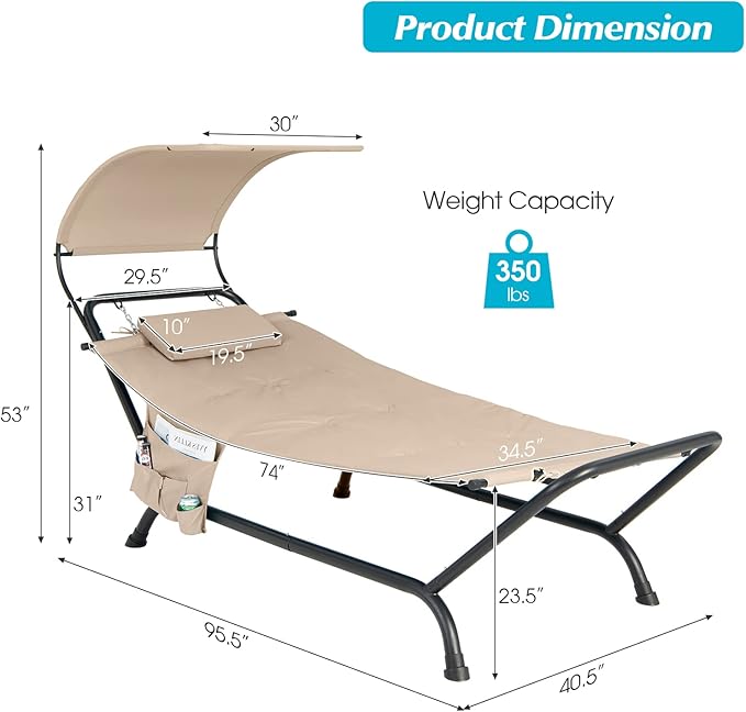 Giantex Hanging Hammock with Stand Patio Hanging Chaise Lounge Chair w/Canopy Cushion Pillow &amp Storage Bag Heavy Duty Swing Hammock Bed for Garden Lawn Backyard Patio Poolside Porch (Beige)