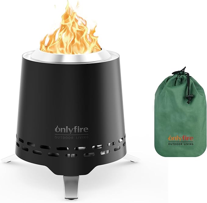 ONLYFIRE OUTDOOR LIVING 2-in-1 Smokeless Fire Pit with Pot Bracket &amp Carry Bag 7.8” Portable Camping Stove Wood Burning Mini Tabletop Fireplace for Patio Backyard RV Tailgating Black FP053