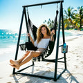 Hammock Chair Hanging Rope Swing &amp Stand Set with Two Holders Heavy Duty Hanging Stand with Three Hooks Multi-Use for Indoor Outdoor Patio Yard Garden(Black &amp Black)