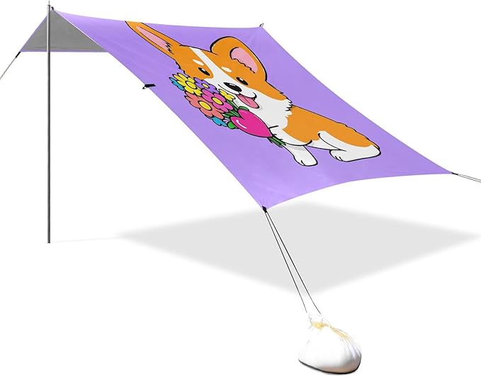 ALAZA Cute Corgi Dog Puppy Beach Tent Sun Shelter UPF50+ Protection Beach Shade Canopy w/ 4 Sandbags for Outdoor Camping Fishing Backyard Fun Picnic 10x9 ft