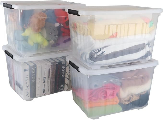 70 Quart Large Plastic Storage Bins with Wheels 4-Pack Clear Organizing Containers Boxes with Lids Nestable Stackable