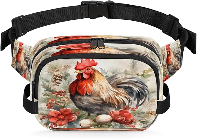 Watercolour Berry Flower Rooster Waterproof Fanny Pack for Women Men Adjustable Waist Bag with Double Zipper Pockets Lightweight Square Hip Pack for Running Travel Hiking Workout Cycling