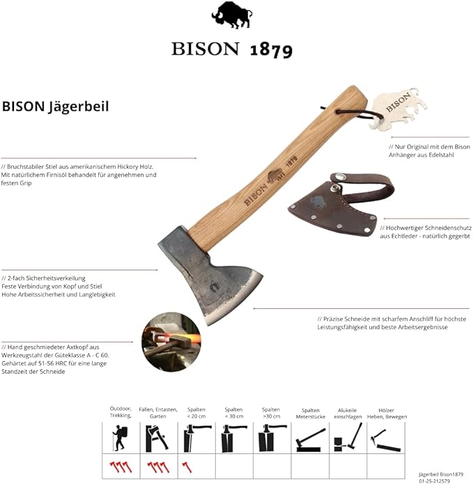 Bison Hatchet 1879 500 g I Allrounder 330 mm Long for Forest Camping &amp Outdoor I Hand Forged I Triple Safety Wedging with Genuine Leather Cutting Protection Natural