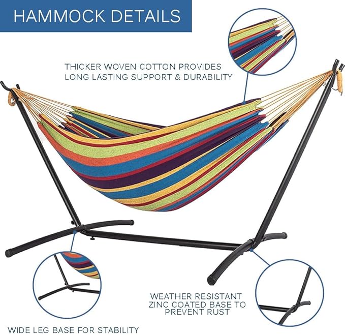 Ezone Adjustable Hammock Bed with Space Saving Steel Stand - Portable Easy Set Up Indoor/Outdoor Hammock for Two