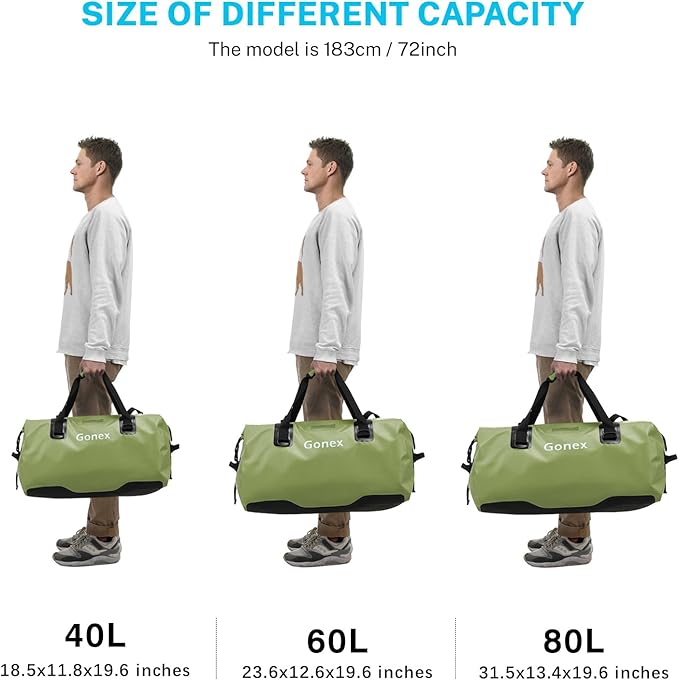 Gonex 40L 60L 80L Extra Large Waterproof Duffle Travel Dry Duffel Bag Heavy Duty Bag with Durable Straps &amp Handles for Kayaking Paddleboarding Boating Rafting Fishing